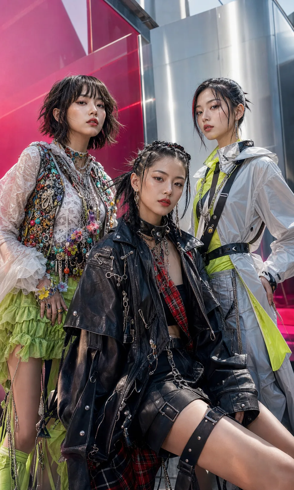 Three adult East Asian fashion models in face-forward original street-fashion styling against a vivid editorial background