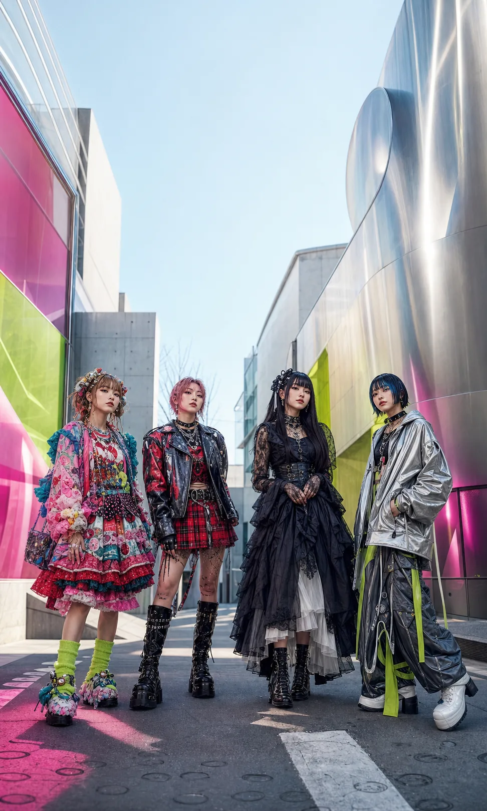 Four adult East Asian fashion models in distinct original Harajuku-inspired street-fashion looks in a contemporary metallic streetscape
